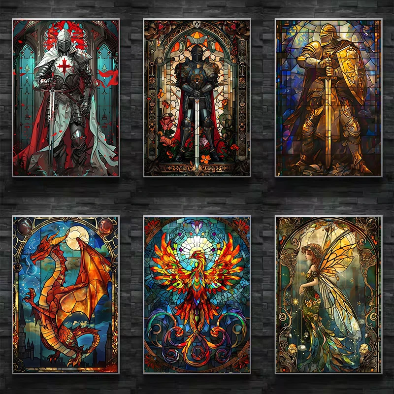 Resin Art Wall - Fantasie glas-in-lood poster print gouden ridder