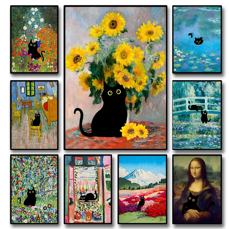 Resin Art Home Decor - Grappige zwarte kat wereldberoemde schilder Monet